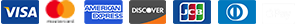 A row of logos for accepted secure payment methods including Visa, Mastercard, American Express, Discover, and JCB.