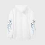 Back view of a crisp white Hellstar hoodie featuring signature sleeve graphic prints and a relaxed streetwear fit.