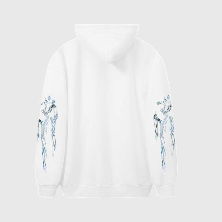 Back view of a crisp white Hellstar hoodie featuring signature sleeve graphic prints and a relaxed streetwear fit.