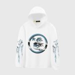 Front view of the white Hellstar hoodie featuring a circular flame graphic and signature branding on the sleeves.