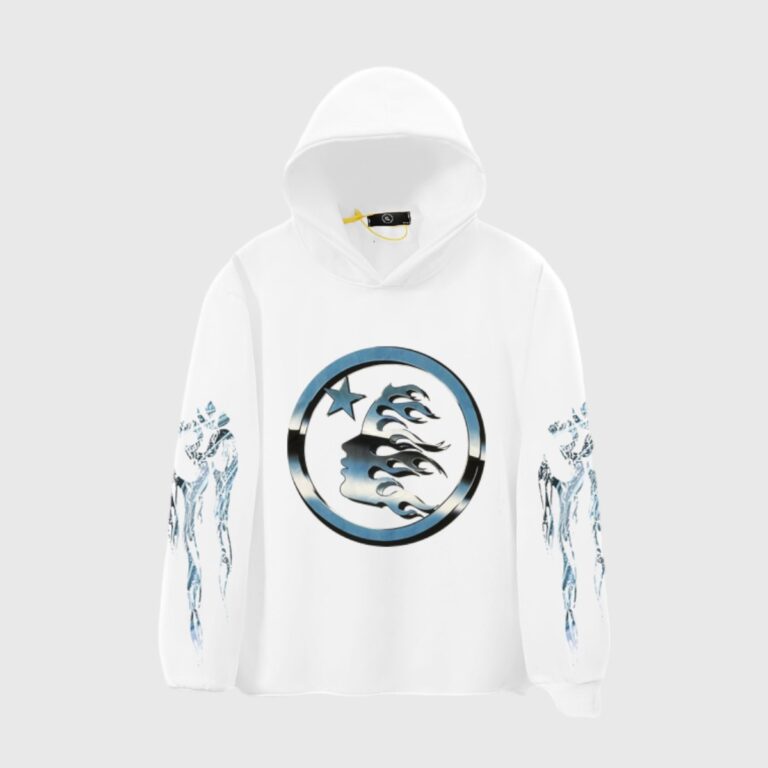 Front view of the white Hellstar hoodie featuring a circular flame graphic and signature branding on the sleeves.