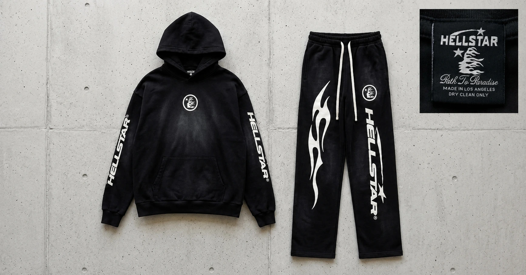 Authentic Hellstar black hoodie and sweatpants set featured in a professional streetwear brand authenticity guide