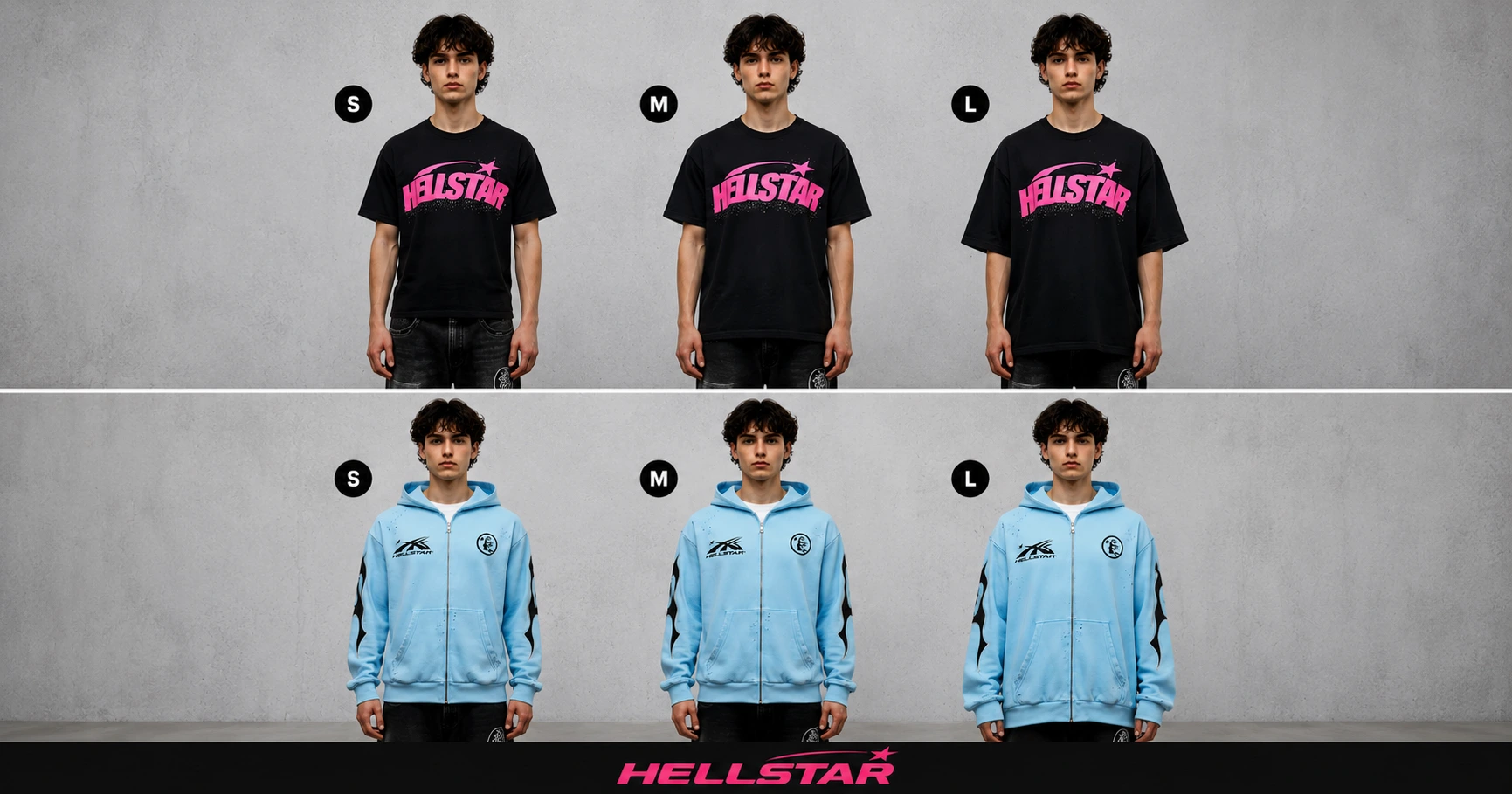 A model wearing various sizes of Hellstar black t-shirts and light blue zip-up hoodies to show the clothing fit guide.