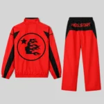 Rear view of a vibrant red and black Hellstar Thriller tracksuit featuring a circular flame logo and brand lettering.