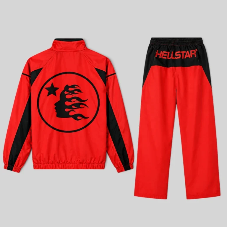Rear view of a vibrant red and black Hellstar Thriller tracksuit featuring a circular flame logo and brand lettering.