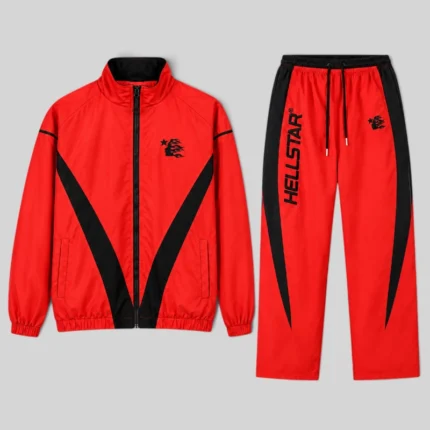 Hellstar Thriller red tracksuit featuring a zip-up jacket and matching pants with black accents and branded details.