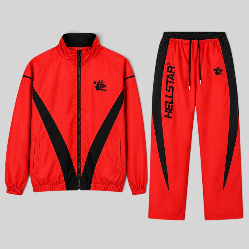 Hellstar Thriller Red Tracksuit front view Hellstar Thriller red tracksuit featuring a zip-up jacket and matching pants with black accents and branded details.