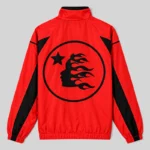 Back view of a red Hellstar Thriller hoodie featuring a black circular graphic with a star and a flaming head profile.