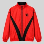 Bright red Hellstar Thriller zip-up track jacket featuring a striking black V-shape graphic and small chest logo