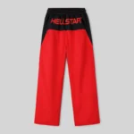 Back view of Hellstar Thriller red sweatpants featuring a black waistband and bold red branding embroidery details.