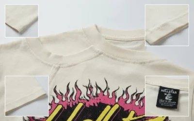 Close up of Hellstar clothing showing quality stitching seams and construction details on a premium graphic t-shirt