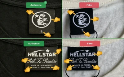 Comparison image showing authentic versus fake Hellstar clothing neck tags and labels with key feature differences.
